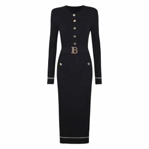 2-Pockets Buttoned Rib Midi Dress Knit Long Sleeve Body-Con Dress