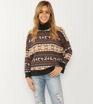 3XL Brown Winter Print Lightweight Turtleneck Sweater
