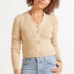 525 America Tan Camel Ribbed Cropped V Neck Cardigan Sweater XS