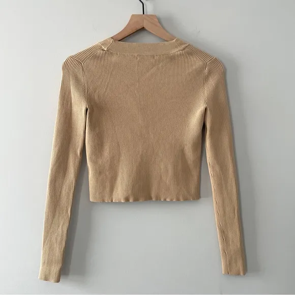 525 America Tan Camel Ribbed Cropped V Neck Cardigan Sweater XS