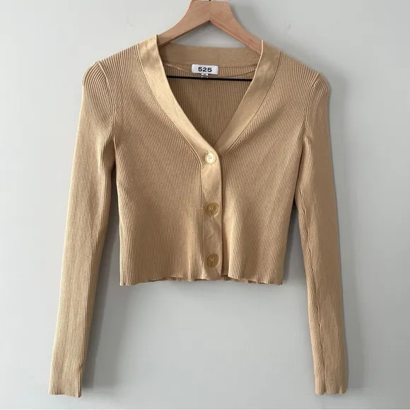 525 America Tan Camel Ribbed Cropped V Neck Cardigan Sweater XS