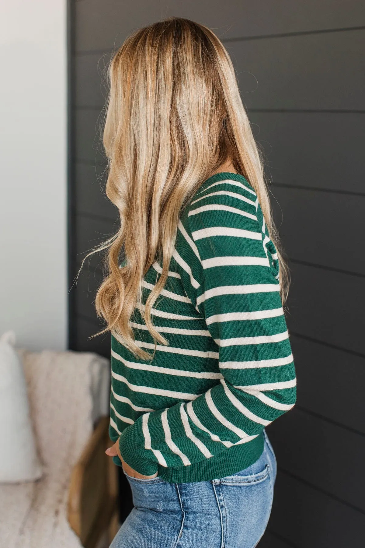 A New Path Striped Knit Sweater- Forest