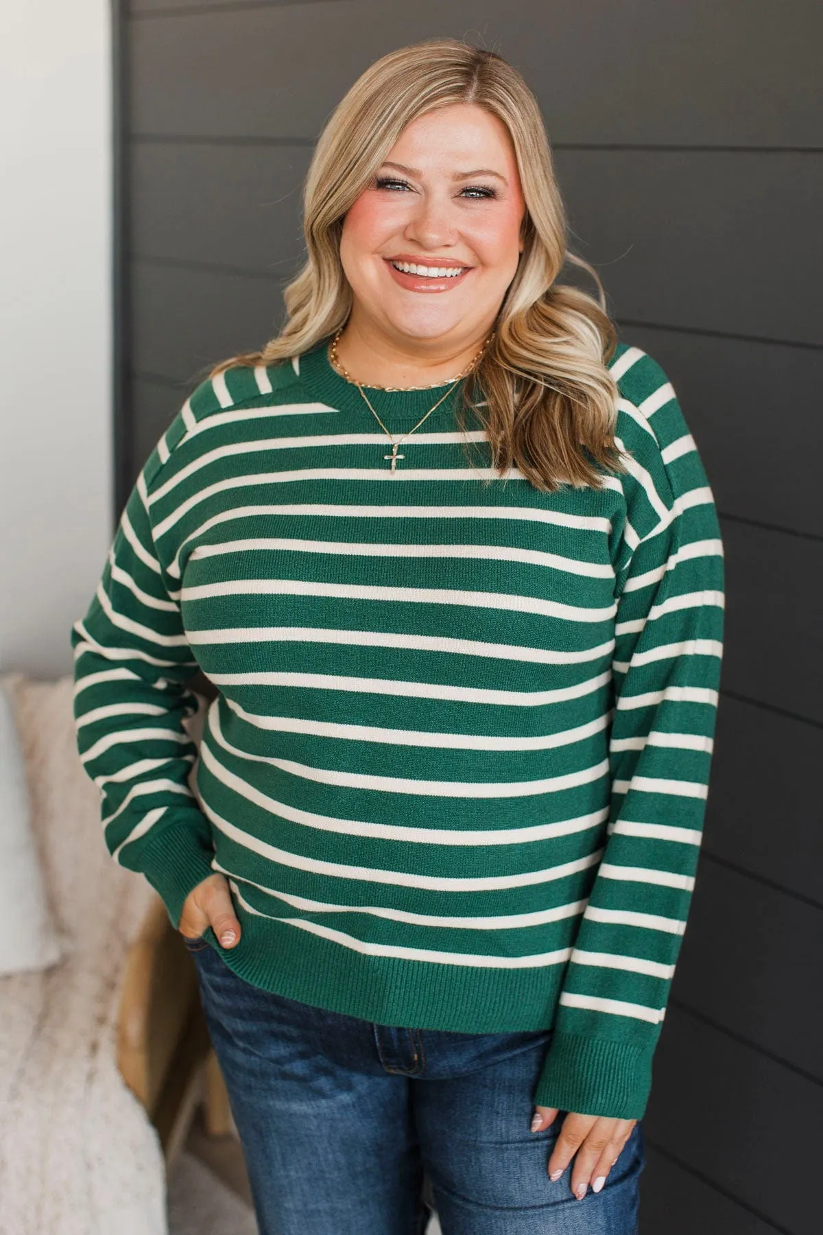 A New Path Striped Knit Sweater- Forest