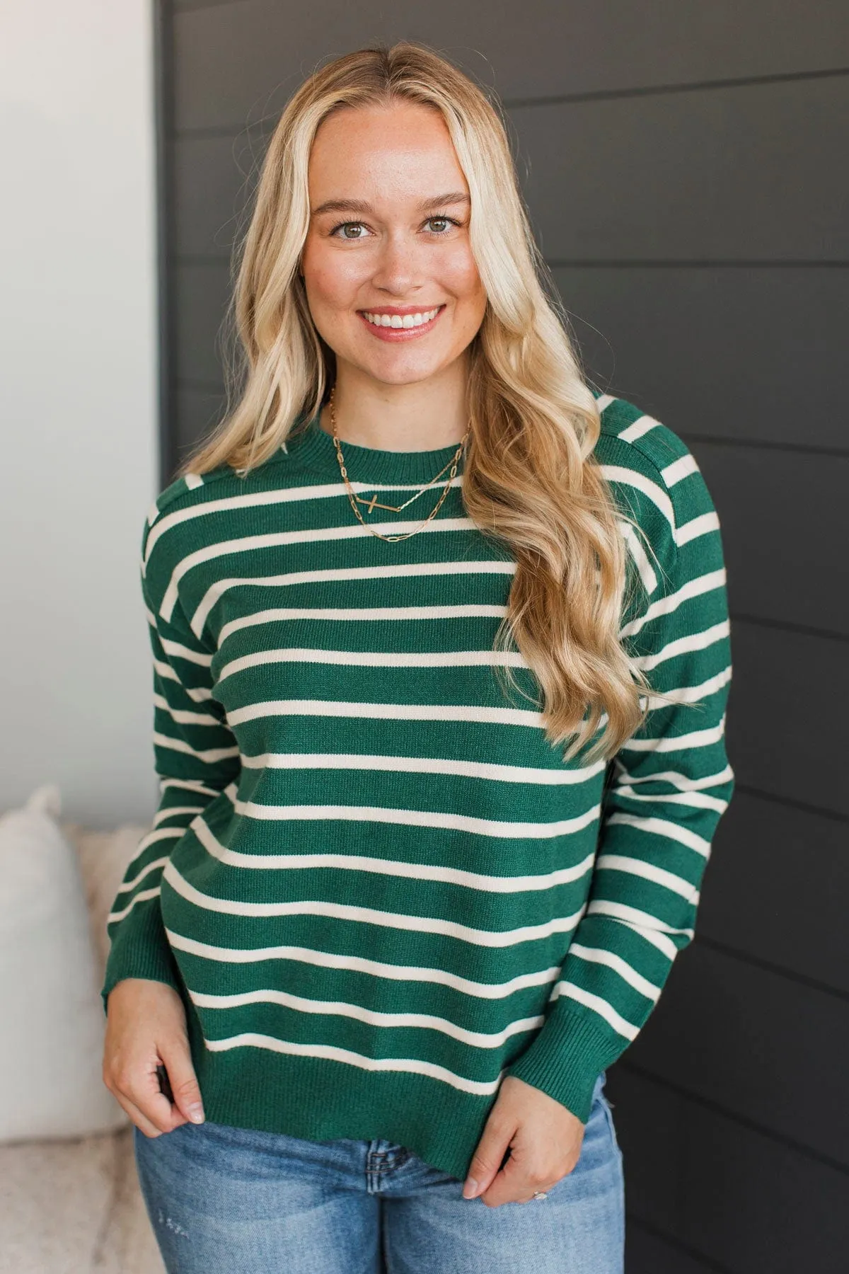 A New Path Striped Knit Sweater- Forest