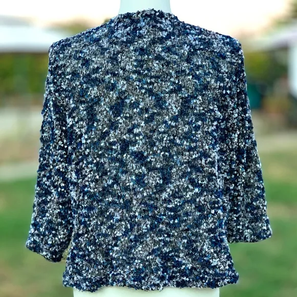 Alfred Dunner Shimmering Blue, Black, Silver Cropped Cardigan Sweater ~ Medium