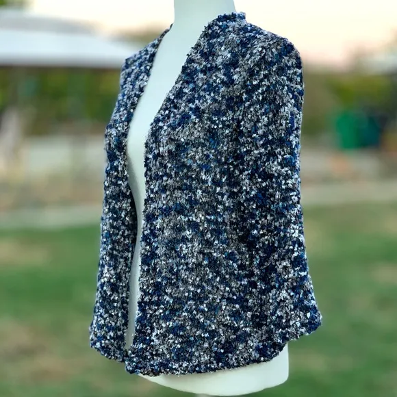Alfred Dunner Shimmering Blue, Black, Silver Cropped Cardigan Sweater ~ Medium