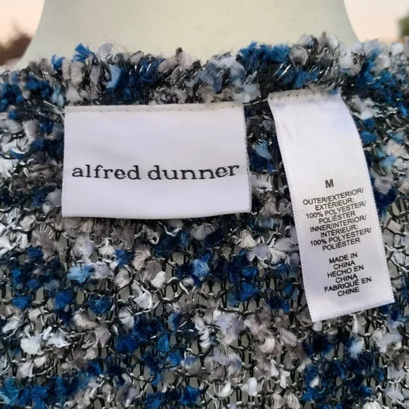 Alfred Dunner Shimmering Blue, Black, Silver Cropped Cardigan Sweater ~ Medium