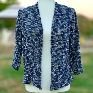 Alfred Dunner Shimmering Blue, Black, Silver Cropped Cardigan Sweater ~ Medium