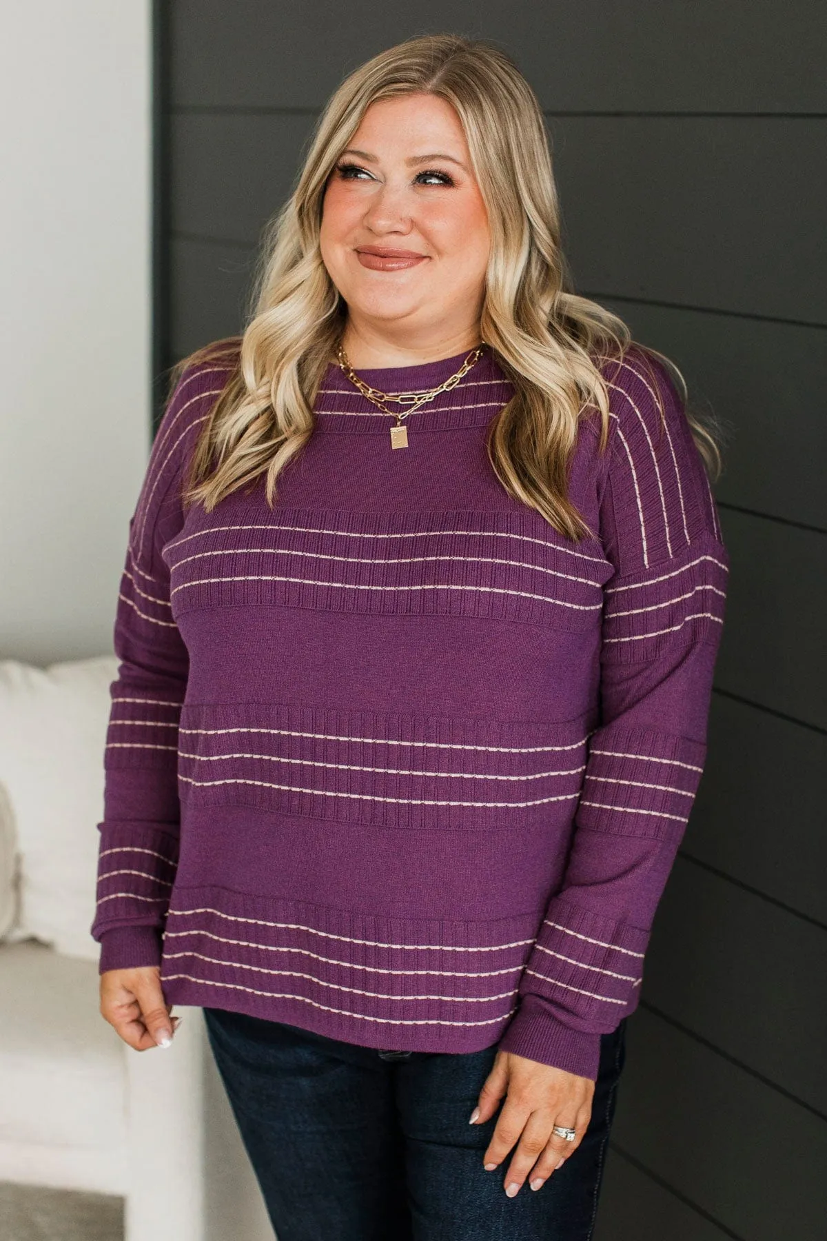 All At Once Stitch Stripe Sweater- Grape