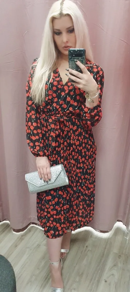 Amber Cherry Print Wrap Chiffon Dress