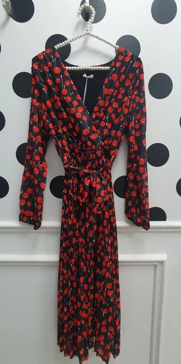 Amber Cherry Print Wrap Chiffon Dress