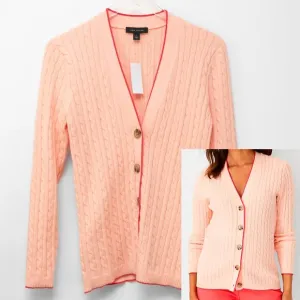 Ann Taylor Cardigan Cable Knit Boyfriend Tipped Sweater Peach Size Small New