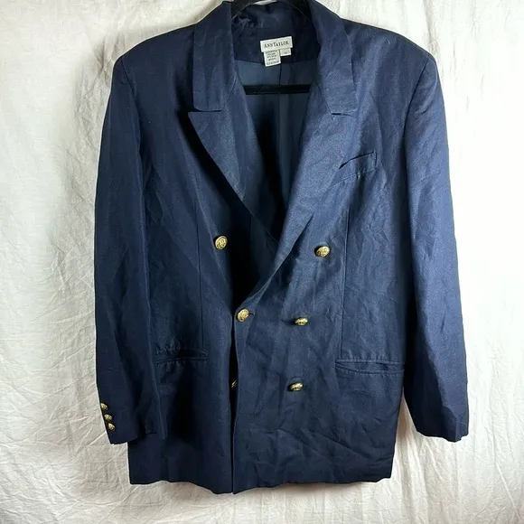 Ann Taylor Navy Double Breasted Blazer Size 10 Gold Button Detail