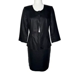 Anne Klein 4 100% Linen 2 Piece Skirt Blazer Jacket Suit Set Black 3/4 Sleeve