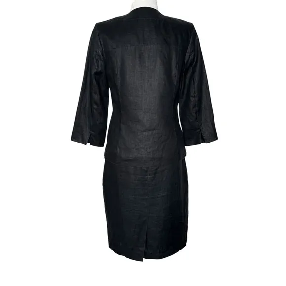 Anne Klein 4 100% Linen 2 Piece Skirt Blazer Jacket Suit Set Black 3/4 Sleeve