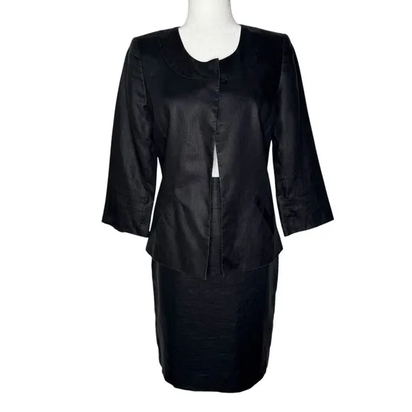 Anne Klein 4 100% Linen 2 Piece Skirt Blazer Jacket Suit Set Black 3/4 Sleeve