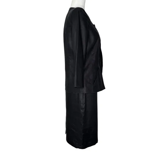 Anne Klein 4 100% Linen 2 Piece Skirt Blazer Jacket Suit Set Black 3/4 Sleeve