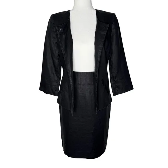Anne Klein 4 100% Linen 2 Piece Skirt Blazer Jacket Suit Set Black 3/4 Sleeve