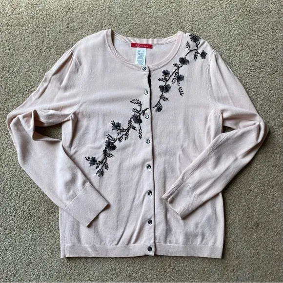 Anne Klein Sweater Set Cardigan Tank Top Pink Black Floral