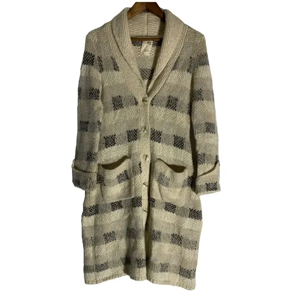 Anthropologie Far Away From Close Black Plaid Beige Long Cardigan Sweater XS