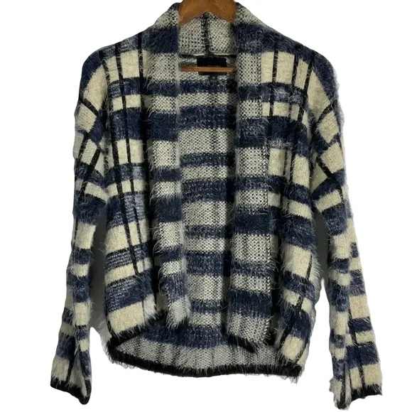 Anthropologie La Fee Verte Eyelash Blue White Windowpane Fuzzy Soft Cardigan Med