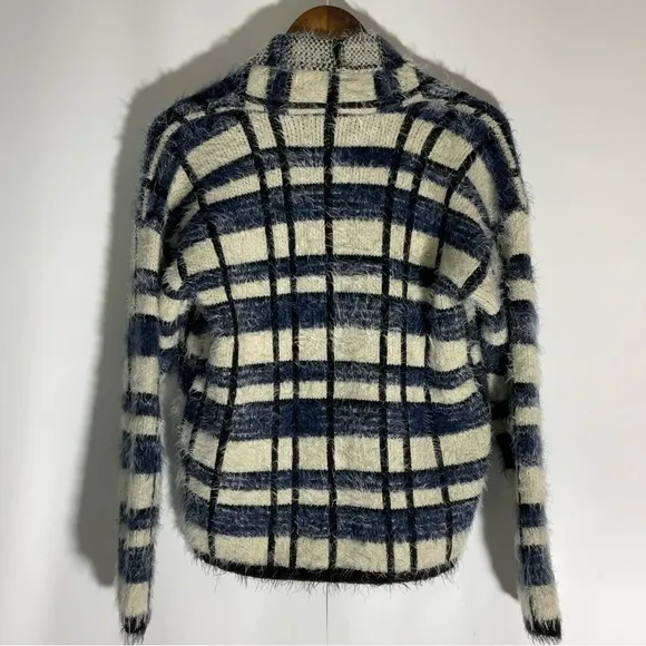 Anthropologie La Fee Verte Eyelash Blue White Windowpane Fuzzy Soft Cardigan Med