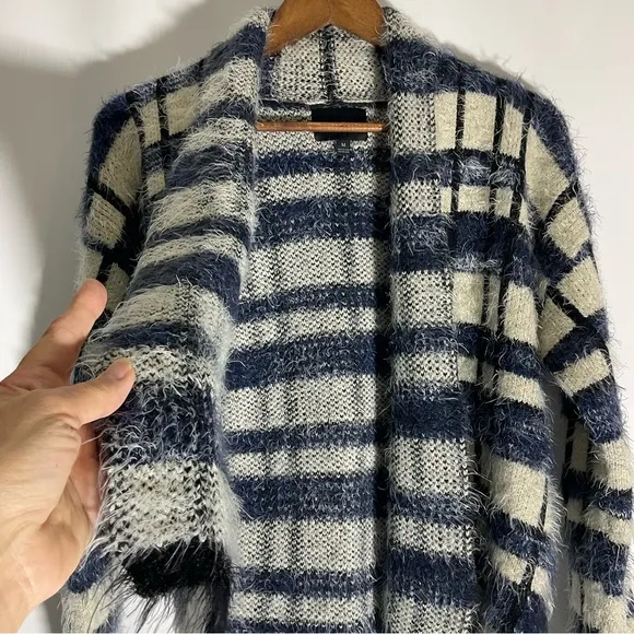 Anthropologie La Fee Verte Eyelash Blue White Windowpane Fuzzy Soft Cardigan Med