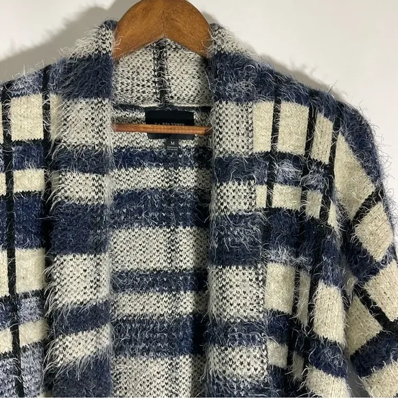 Anthropologie La Fee Verte Eyelash Blue White Windowpane Fuzzy Soft Cardigan Med