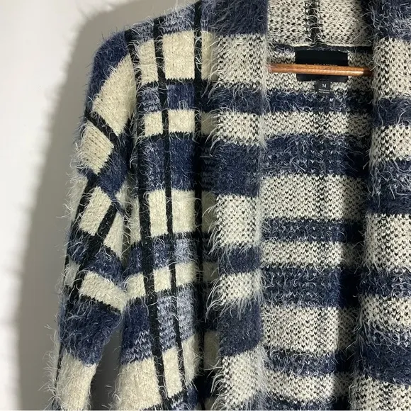 Anthropologie La Fee Verte Eyelash Blue White Windowpane Fuzzy Soft Cardigan Med