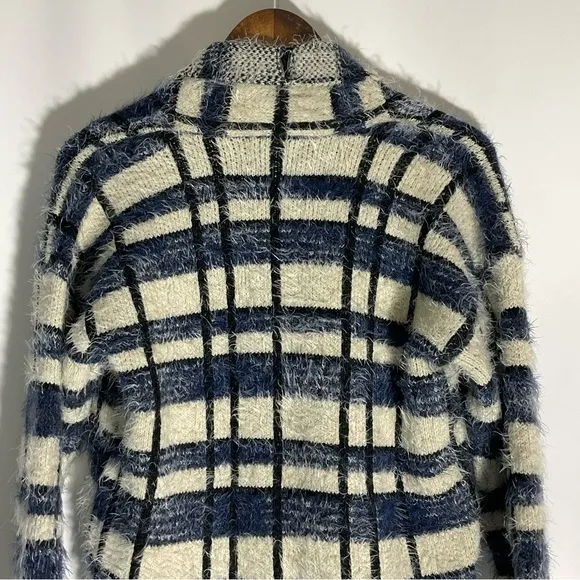 Anthropologie La Fee Verte Eyelash Blue White Windowpane Fuzzy Soft Cardigan Med