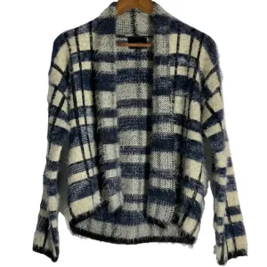 Anthropologie La Fee Verte Eyelash Blue White Windowpane Fuzzy Soft Cardigan Med