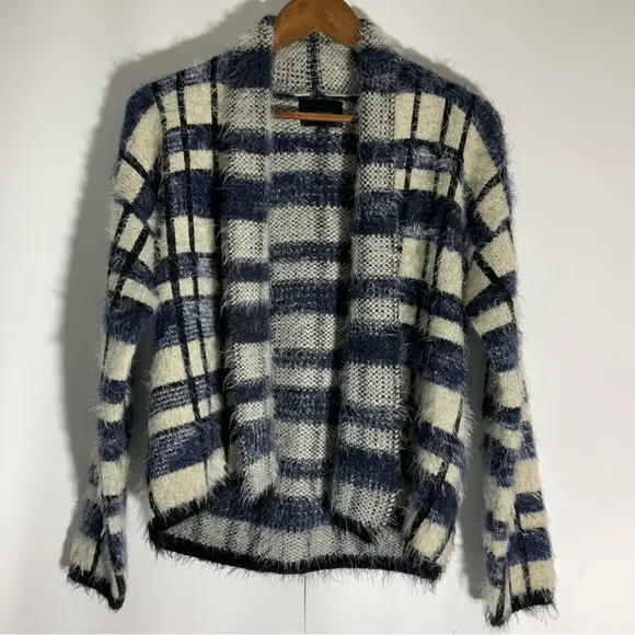 Anthropologie La Fee Verte Eyelash Blue White Windowpane Fuzzy Soft Cardigan Med