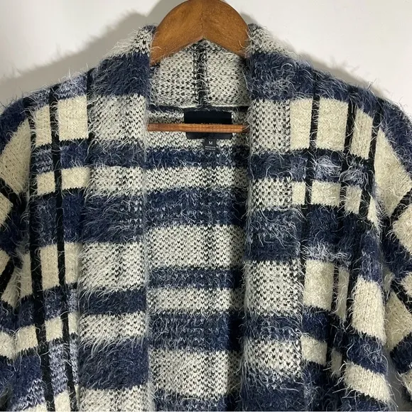 Anthropologie La Fee Verte Eyelash Blue White Windowpane Fuzzy Soft Cardigan Med