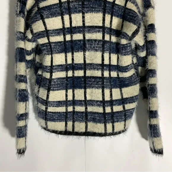 Anthropologie La Fee Verte Eyelash Blue White Windowpane Fuzzy Soft Cardigan Med