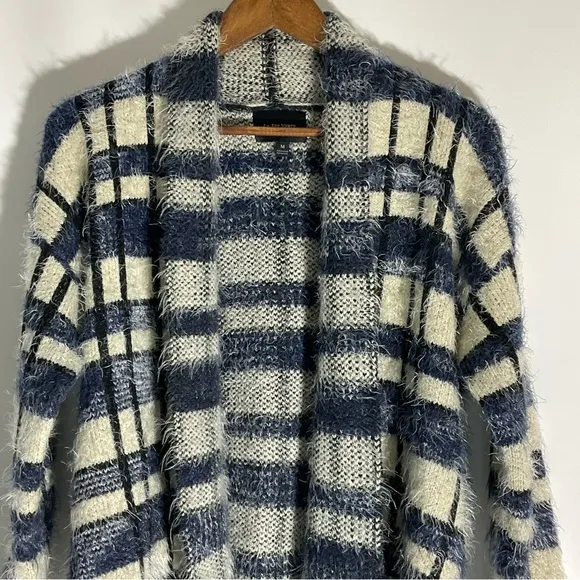 Anthropologie La Fee Verte Eyelash Blue White Windowpane Fuzzy Soft Cardigan Med