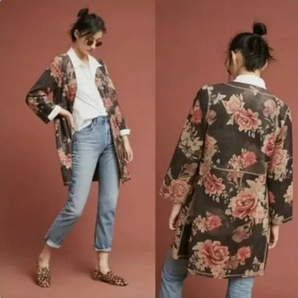 ANTHROPOLOGIE Open Front Rose Kimono Jacket