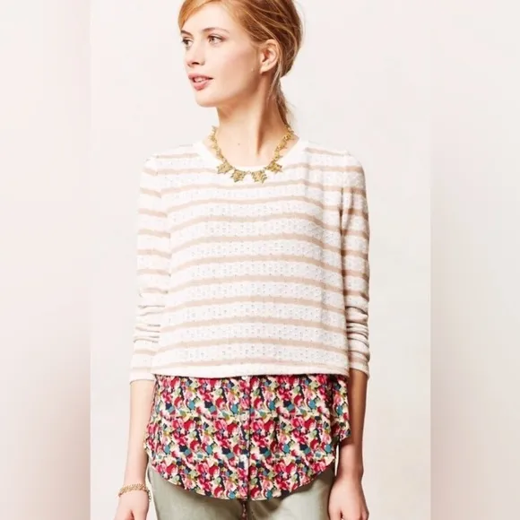 Anthropologie Postmark Ginny Layered Blouse Sweater Cream &amp; Floral Print…