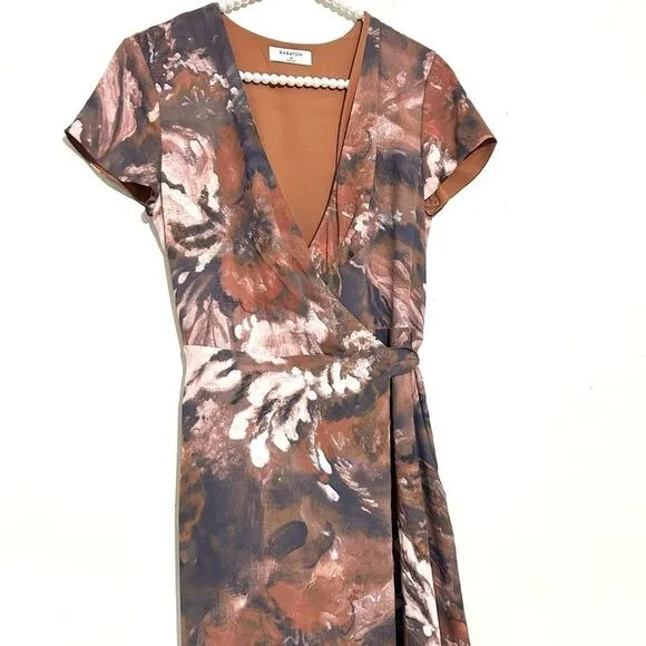 Aritzia Babaton Brown Floral Side Slit Midi Wrap Dress SIZE XS
