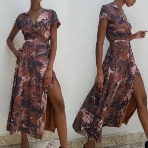 Aritzia Babaton Brown Floral Side Slit Midi Wrap Dress SIZE XS