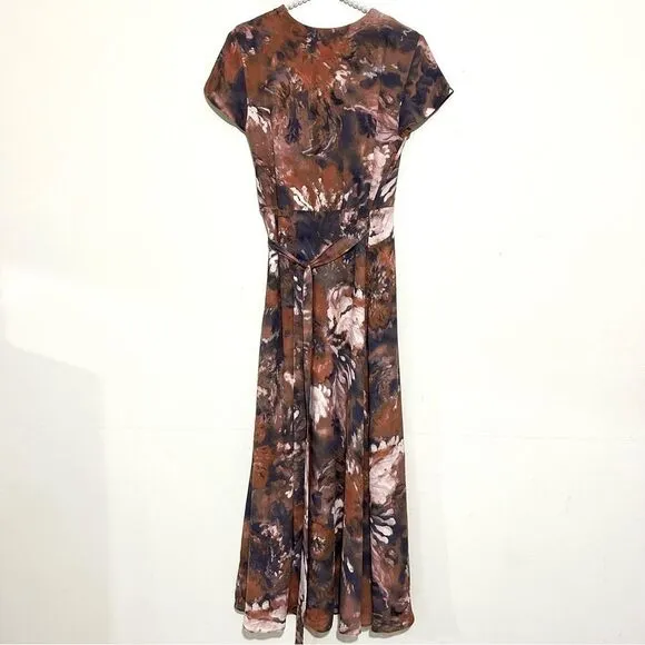 Aritzia Babaton Brown Floral Side Slit Midi Wrap Dress SIZE XS