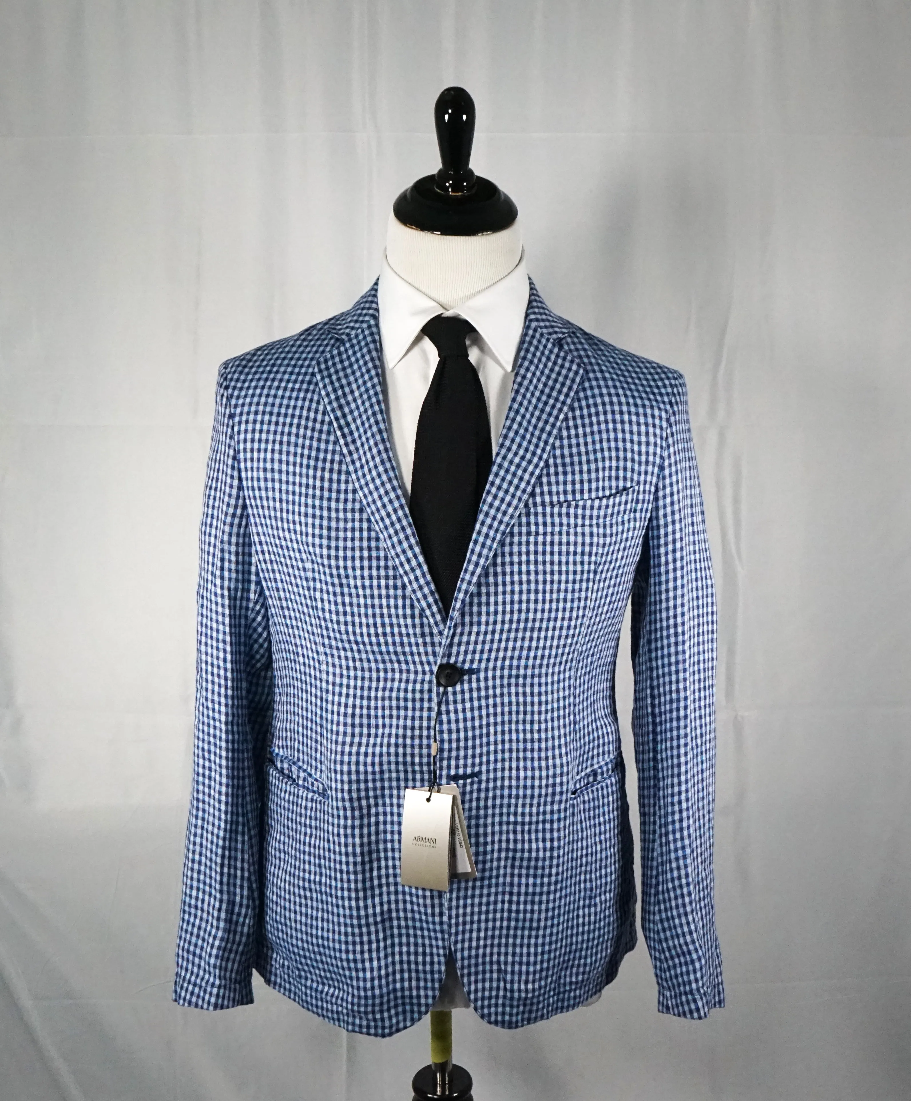 ARMANI COLLEZIONI - Blue & Navy Plaid Check Ultra Light Linen Blazer- 38R