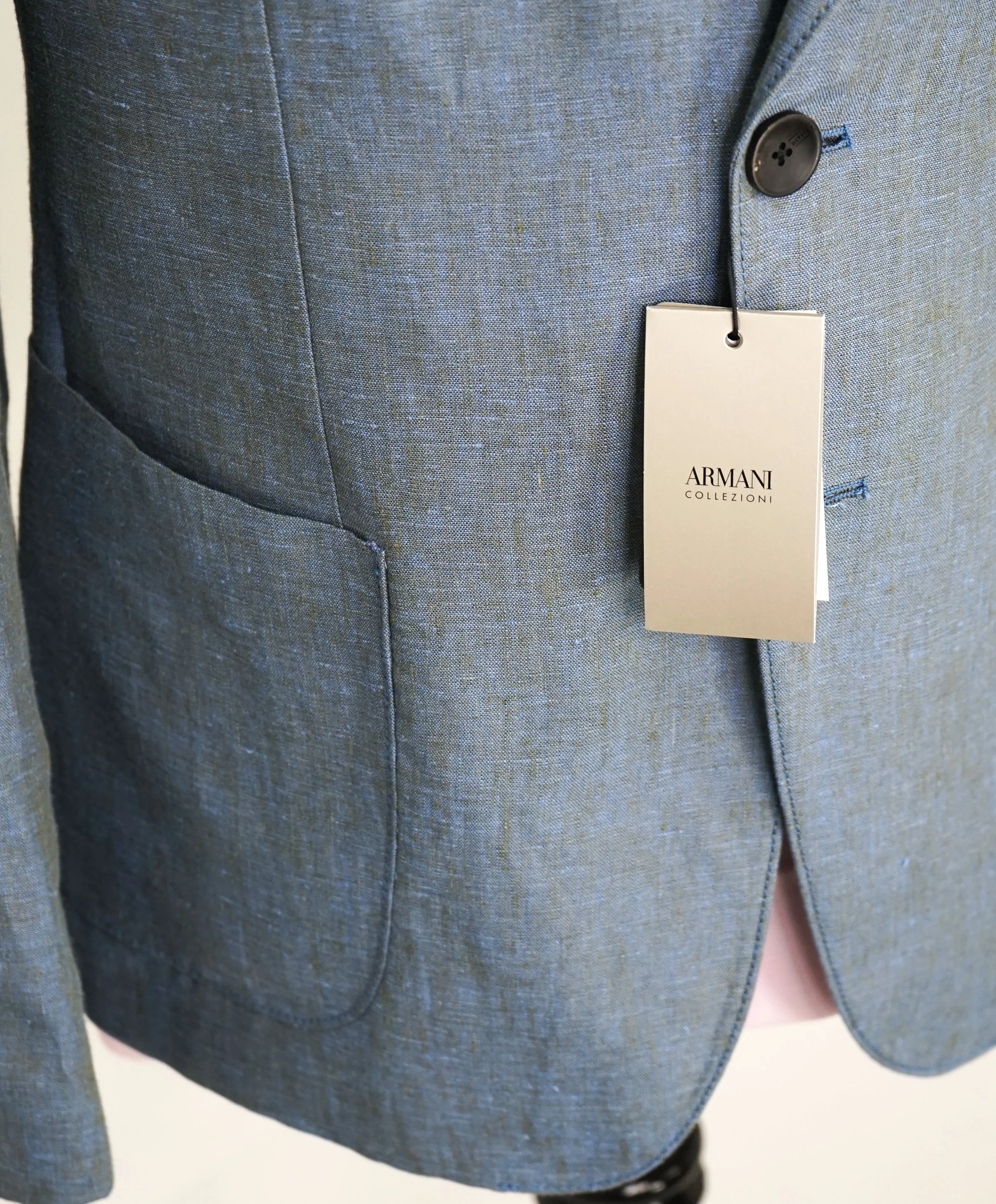ARMANI COLLEZIONI -Medium Blue Melange Semi-Lined Linen Blazer - 40R