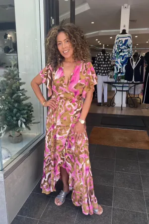 Ava Wrap Dress - Pink/Tan - LT3