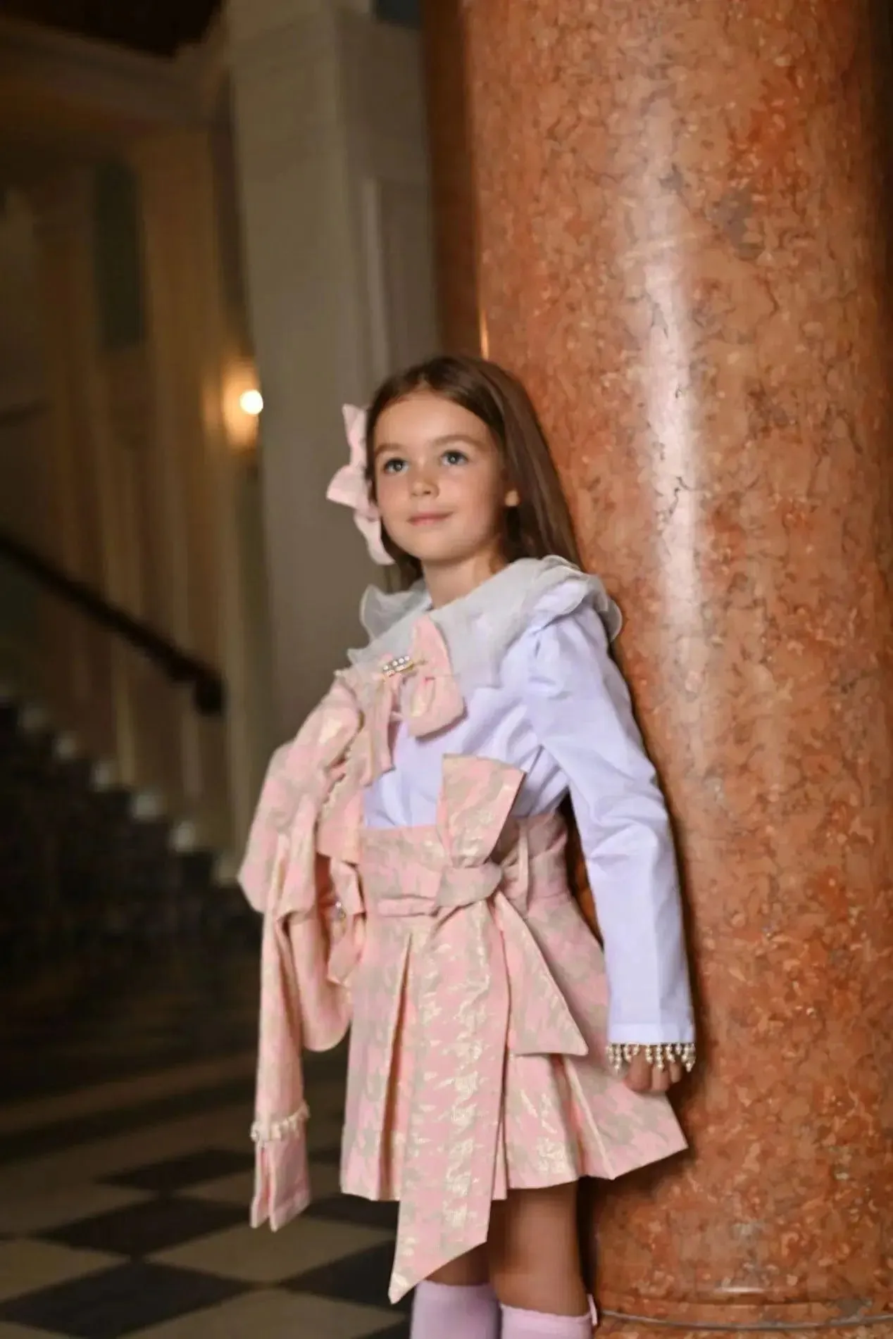 AW24 Naxos Girls Pink Houndstooth Blazer & Skirt Set