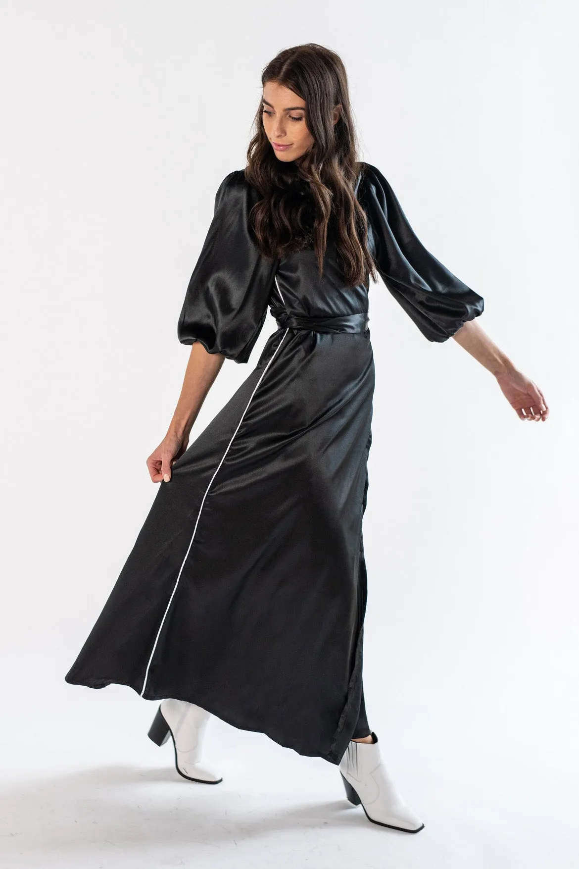 Balloon Sleeve Wrap Dress Maxi-Black