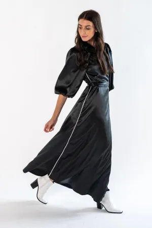Balloon Sleeve Wrap Dress Maxi-Black