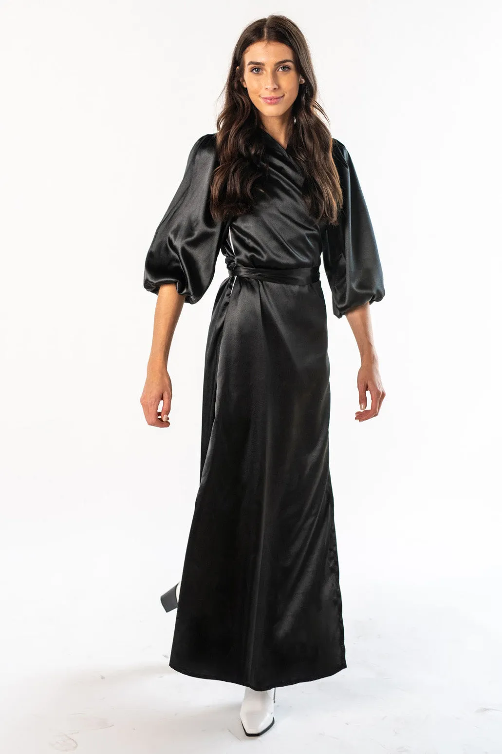 Balloon Sleeve Wrap Dress Maxi-Black