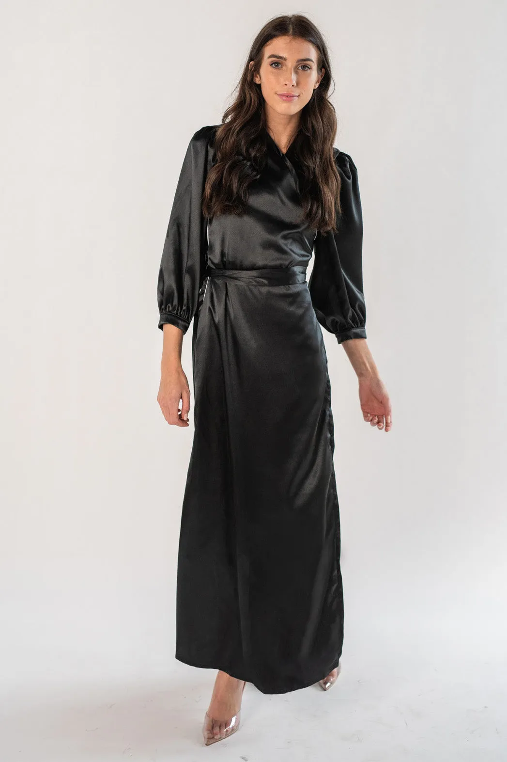 Balloon Sleeve Wrap Dress Maxi-Black