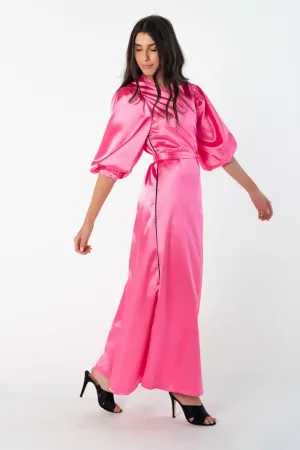 Balloon Sleeve Wrap Dress Maxi-Pink