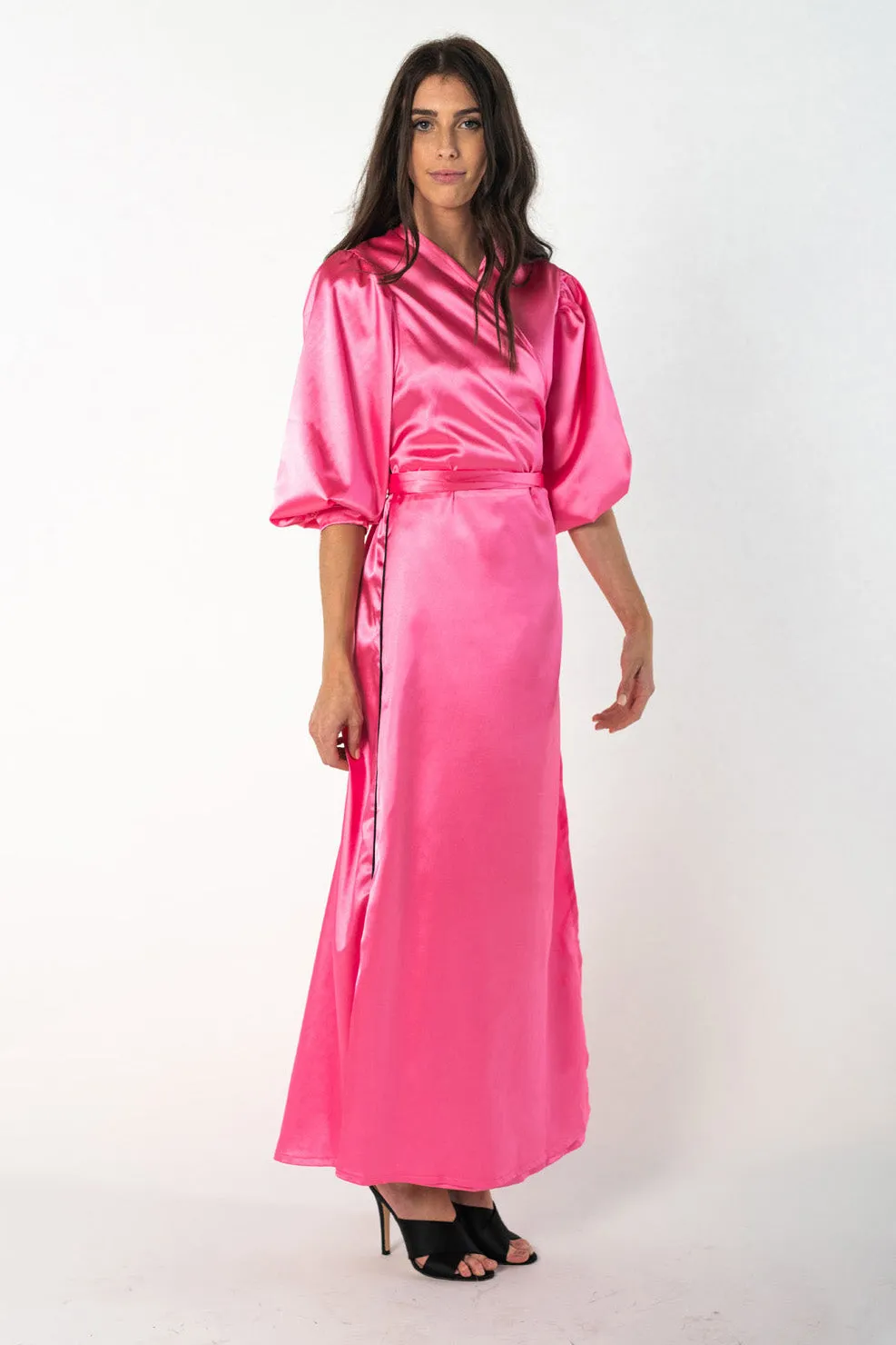 Balloon Sleeve Wrap Dress Maxi-Pink